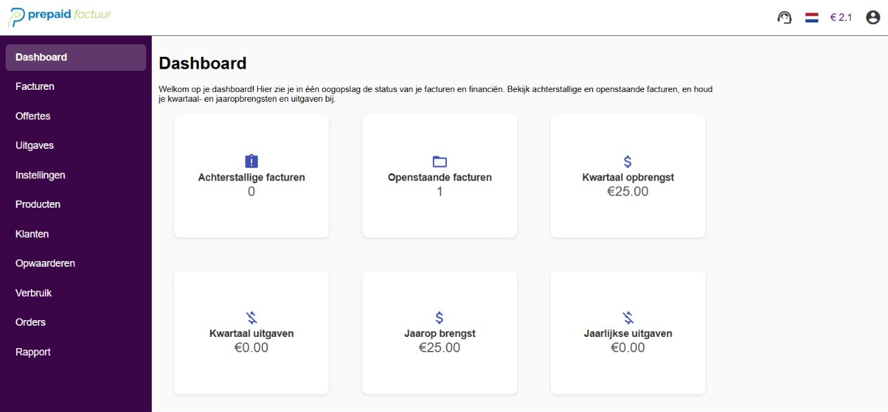 Prepaidfactuur dashboard op desktop