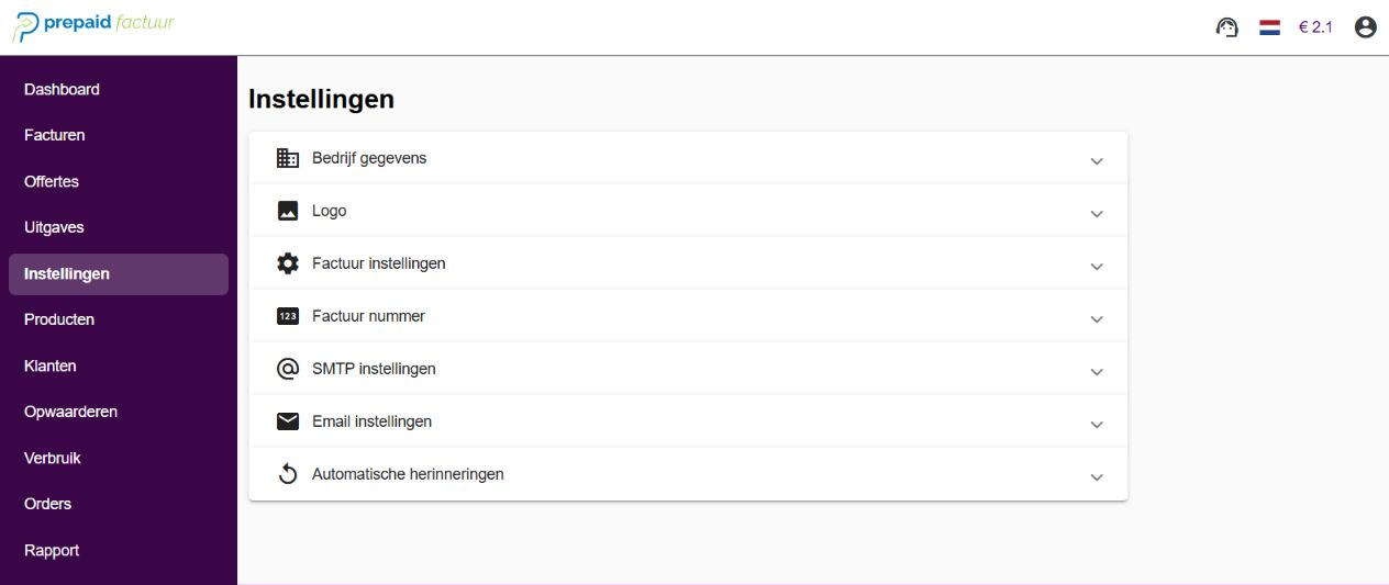 Instellingen in Prepaidfactuur
