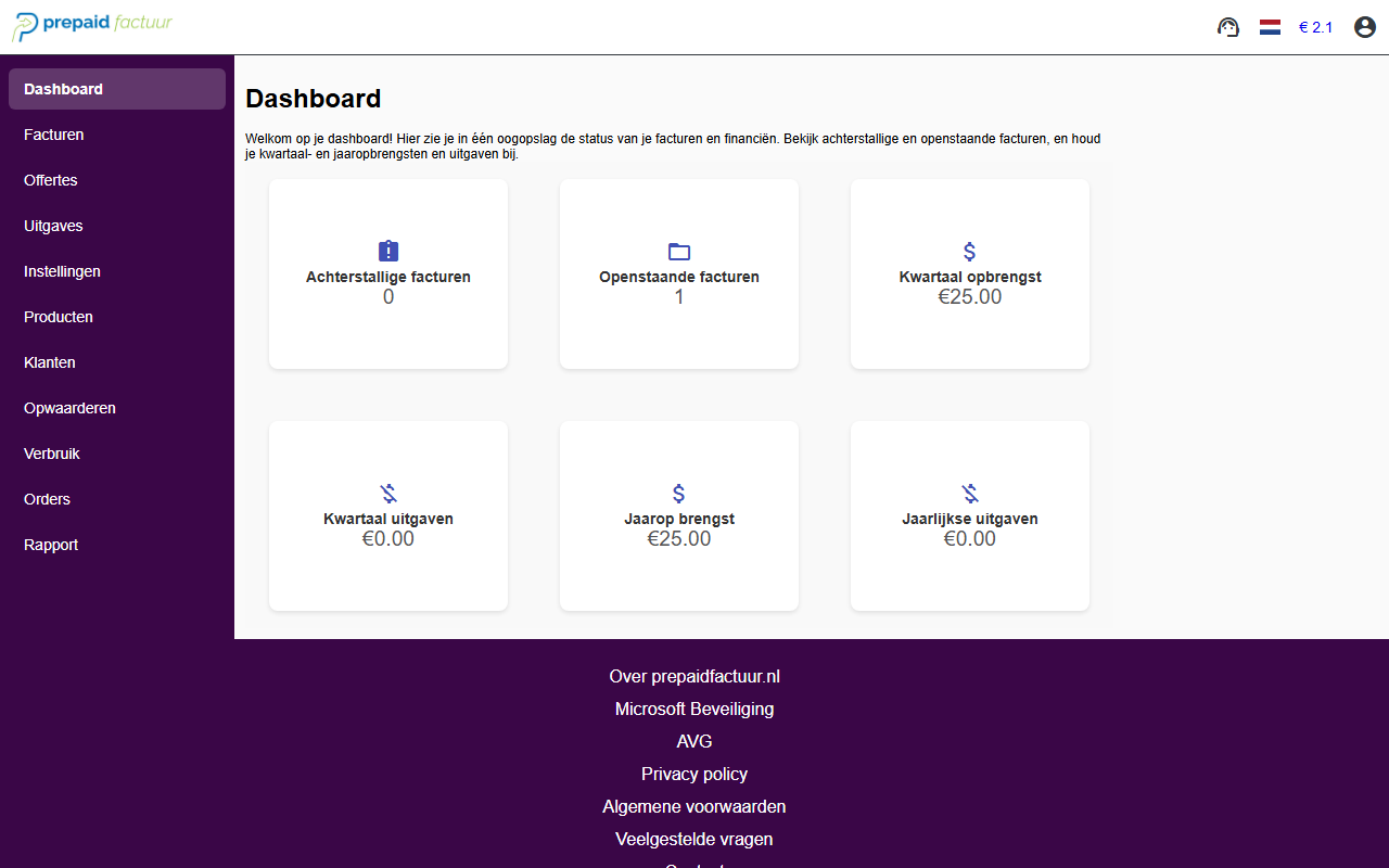 Desktop weergave van Prepaidfactuur